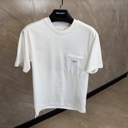 Prada White T-Shirt With White Pocket Logo